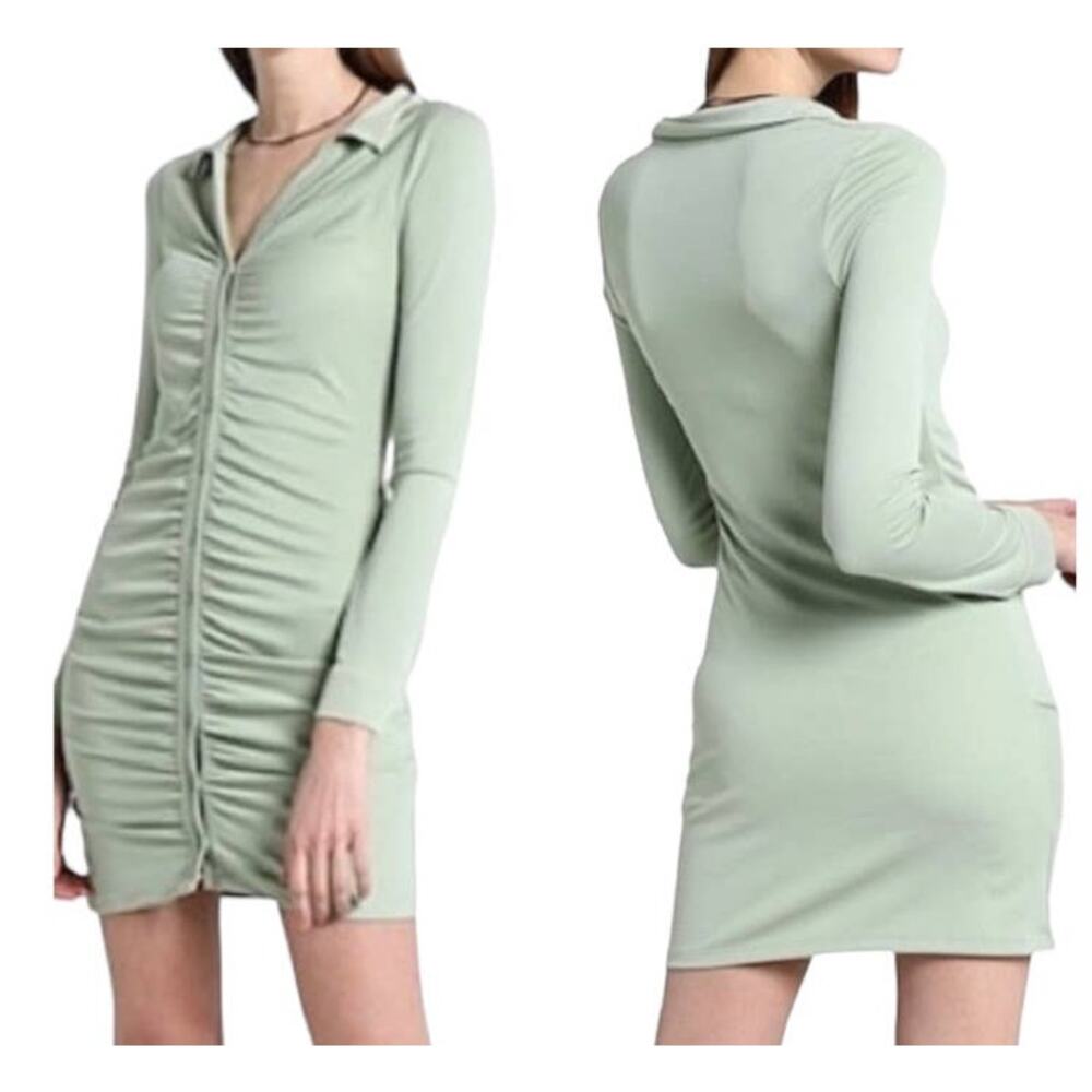 Topshop dress long sleeve ruched green size 10